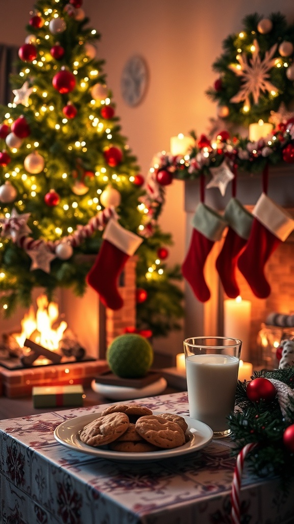 A warm Christmas setting with a decorated tree, fireplace, and festive table.